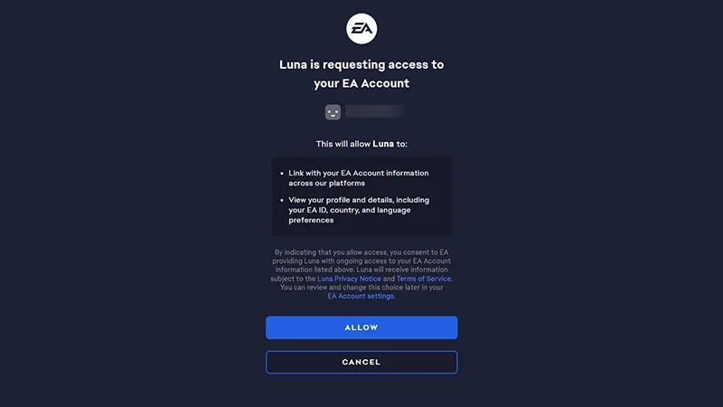 Amazon Luna account linking page.