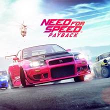 헬리콥터와 Need for Speed Payback 로고 아래에서 빨간색 스포츠카가 다른 차량들과 함께 질주합니다.