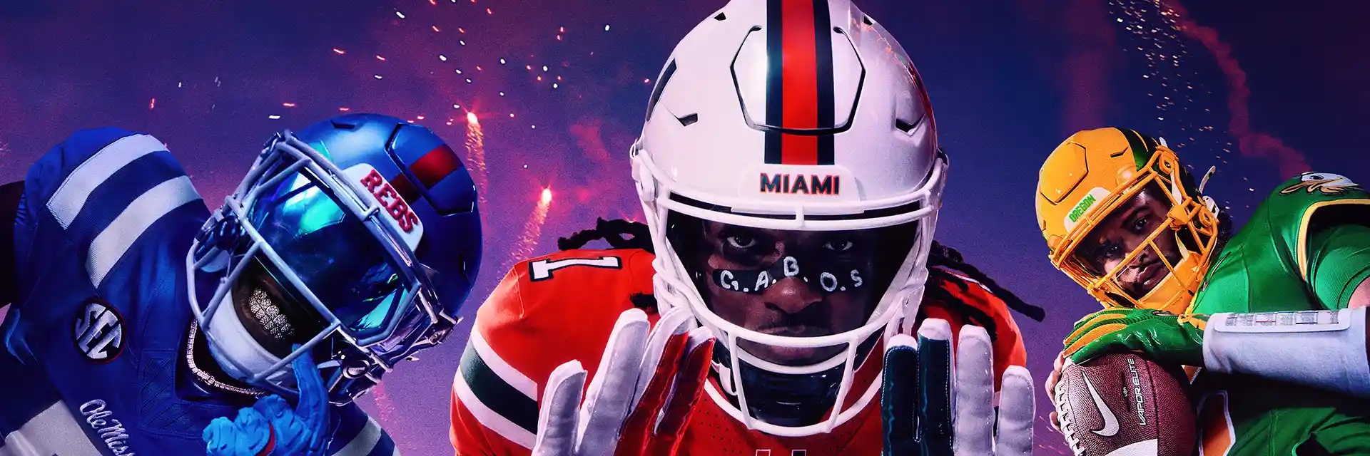 EA SPORTS College Football 27 cover art featuring athletes from Ole Miss, Miami, and Oregon with fireworks in the background.