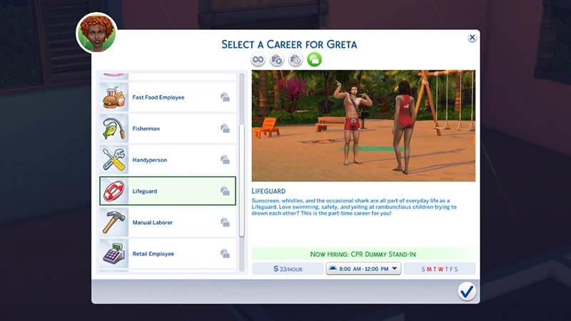 A menu for choosing a career in The Sims 4 highlights the Lifeguard career showing the hourly rate, and working days/times.