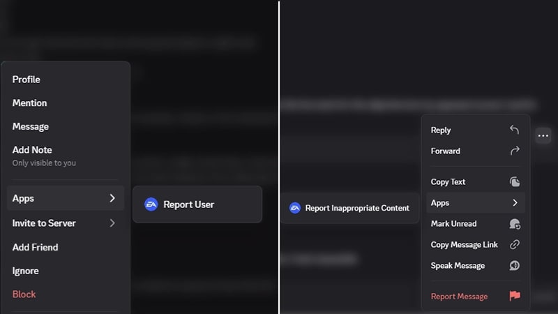 Discord menus showing Report User and Report Message options to report a player or inappropriate content.