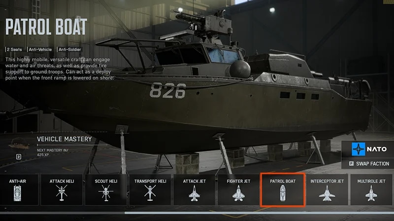 Patrol Boat is selected and highlighted in red in the Loadout menu.