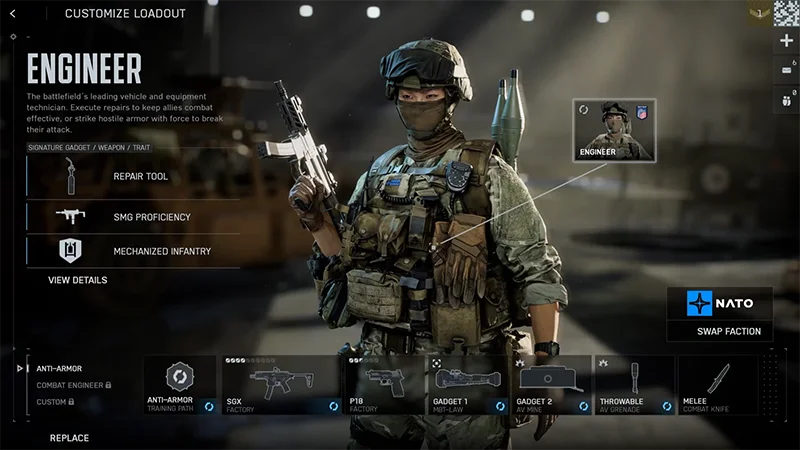 La classe Geniere è selezionata nel menu Attrezzature. La schermata mostra gadget, arma e tratto distintivi.