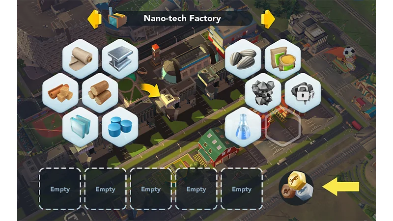 Factory crafting screen showing where to tap to open Speed-Up Token inventory and activate tokens.
