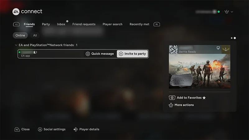 Écran EA Connect montrant l’onglet Amis.