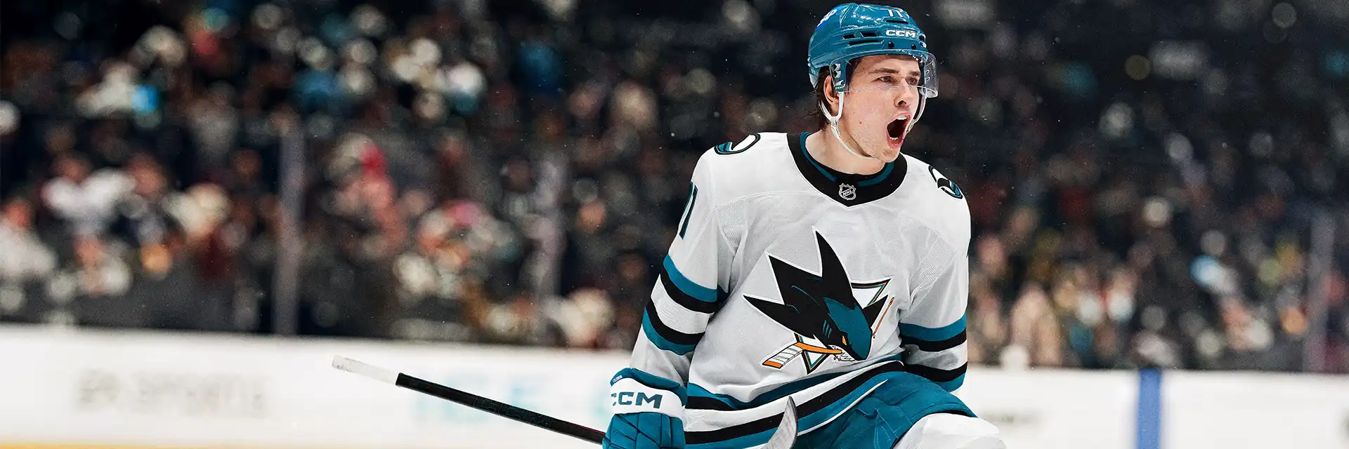 Macklin Celebrini wears a white San Jose Sharks jersey, shouting in celebration on the ice.