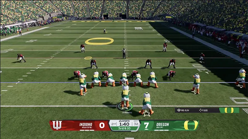 Mascot Mashup gameplay showing Oregon and Indiana mascots lined up before a snap in College Football 27.