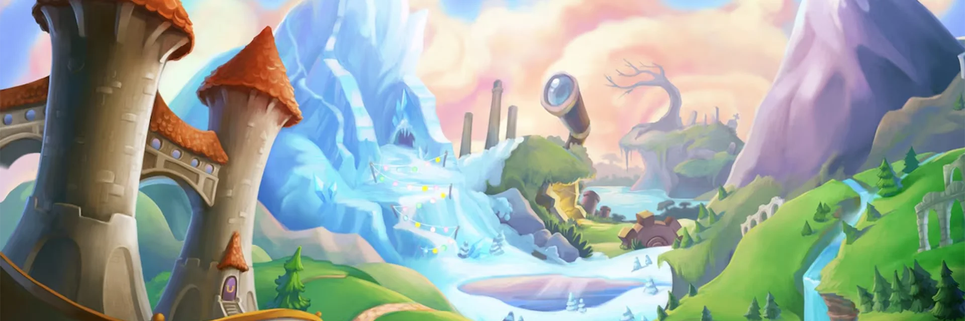 A colorful landscape with castle towers, icy mountains, green hills, waterfalls, and distant ruins.
