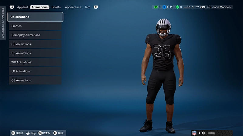 El menú de animaciones de Superstar, con un jugador creado con un uniforme negro y la opción Celebrations seleccionada.