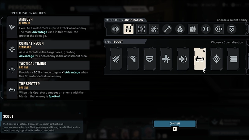 Scout is selected under Choose a Specialization. Its Specialization Abilities are listed on the left.