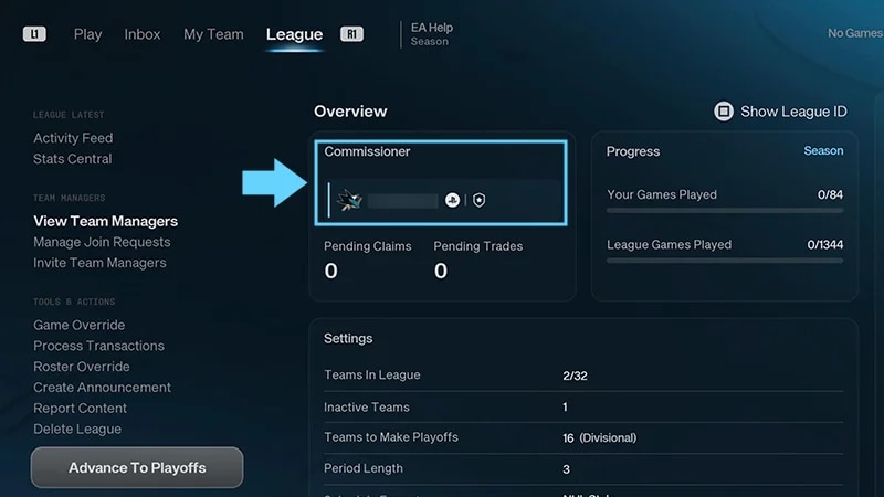 NHL 27 League tab highlighting the Commissioner tab.