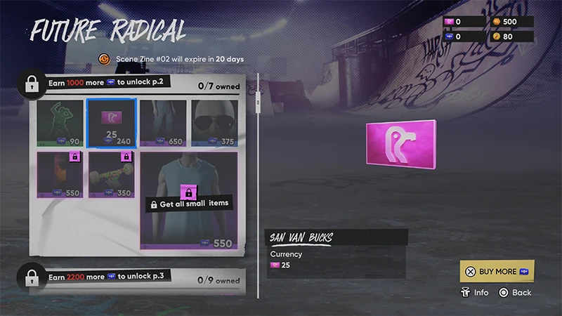 La moneda San Van Bucks se selecciona en el juego. La moneda es un rectángulo rosa con un pájaro en él.