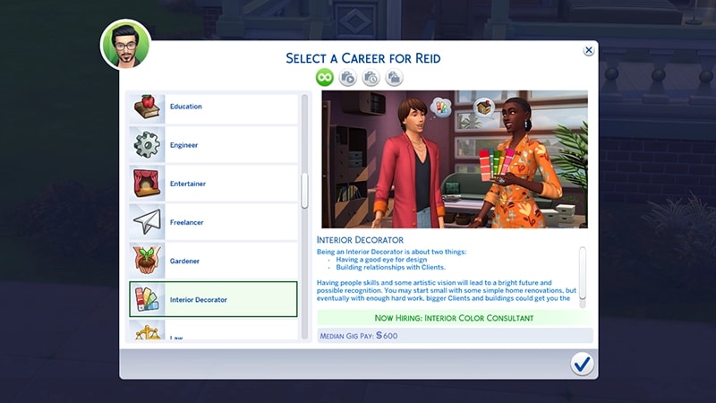A menu for choosing a career in The Sims 4 highlights the Interior Decorator career showing the hourly rate/working times.