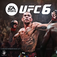 UFC 6 logo appears beside Alex Pereira mid-punch in an octagon, with visible sweat and a blurred crowd in the background.