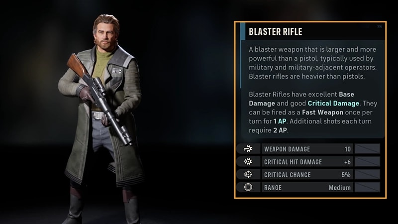 Hawks is on the left of the image. On the right, his Blaster Rifle info is highlighted, including its weapon stats.