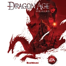 그레이 워든이 Dragon Age: Origins 로고 아래, 붉은색 드래곤 실루엣 위에 서 있습니다.