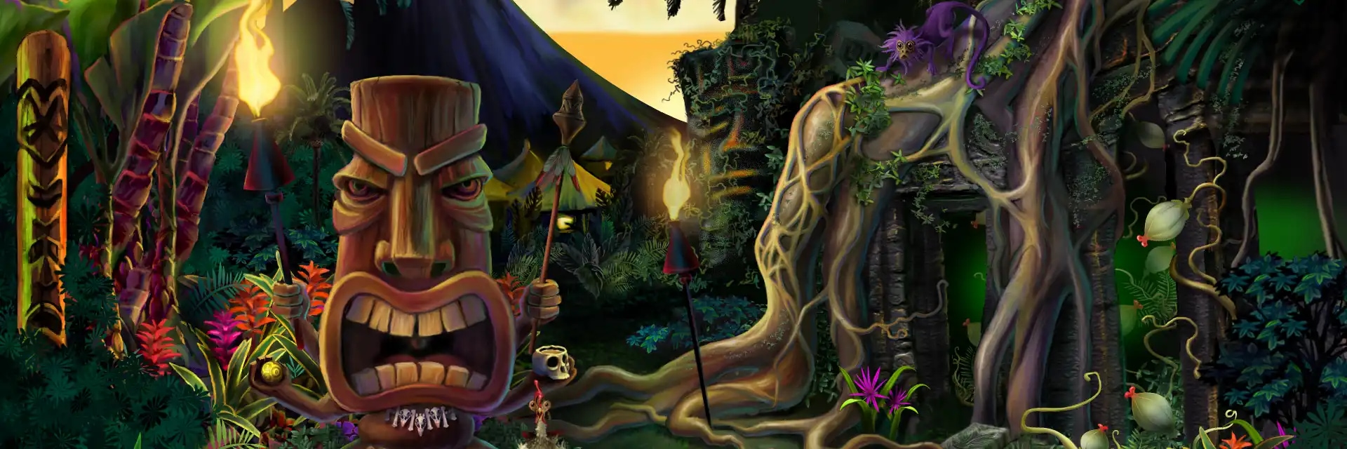 A giant tiki idol stands among torches, jungle vines, and ancient ruins in a lush tropical jungle.