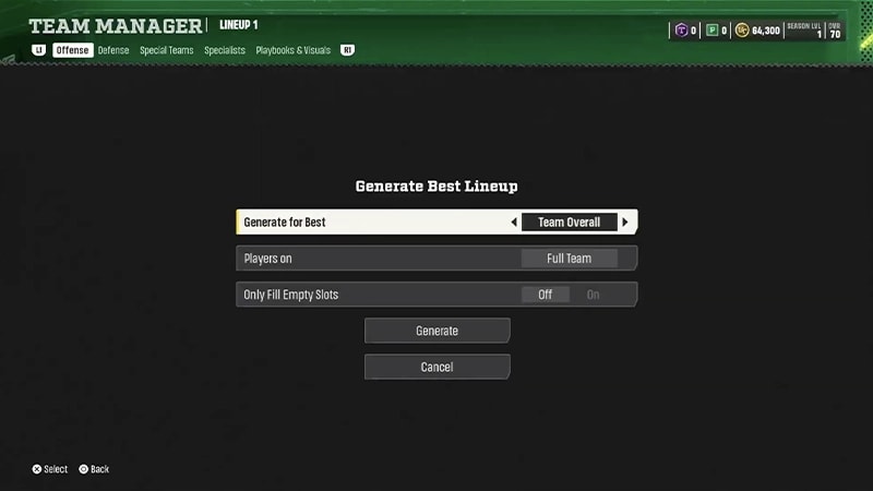 "Generate Best Lineup"-Bildschirm in den Einstellungen mit den Aufstellungsoptionen "Team Overall" und "Full Team lineup".