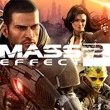 셰퍼드 사령관, 미란다 로슨, 테인 크리오스가 Mass Effect 2 로고 뒤에 무기를 들고 서 있습니다.