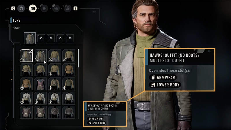 In the Tops menu, a player has selected Hawks’ Outfit (No Boots), which is a multi-slot outfit.
