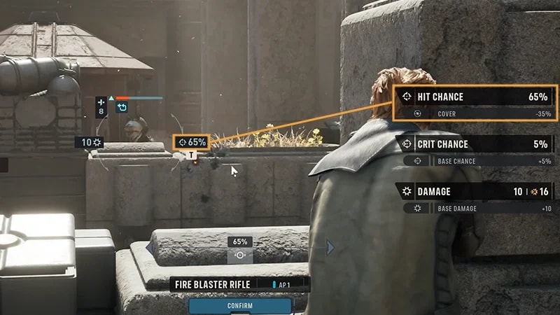 A character aims a blaster at an enemy behind cover, with a 65% hit chance and combat stats displayed.