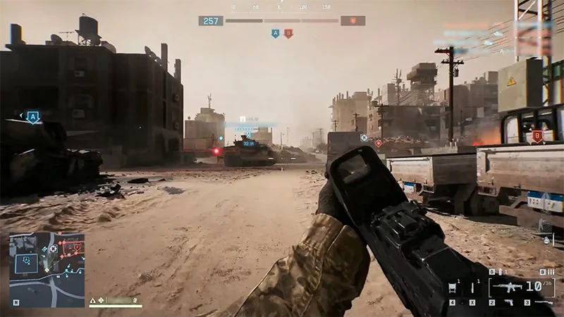 《戰地風雲 6》螢幕擷取畫面。畫面頂端可以看到抬頭顯示。