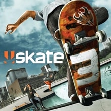 스케이트 3 로고 옆에 스케이트보더가 스케이트파크 위에서 공중 트릭을 수행하고 있습니다.