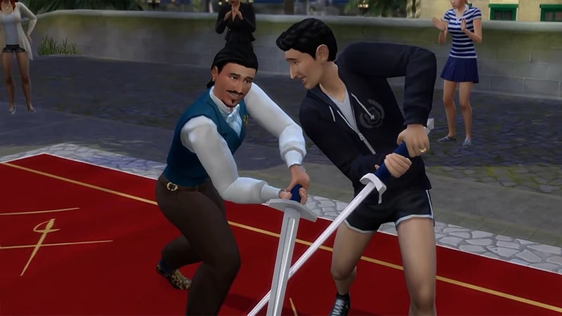 Deux Sims s'affrontent avec des épées en métal lors d'un tournoi de maniement de l'épée pendant que d'autres Sims regardent.