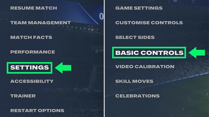 EA SPORTS FC pause menus highlighting Settings and Basic Controls.