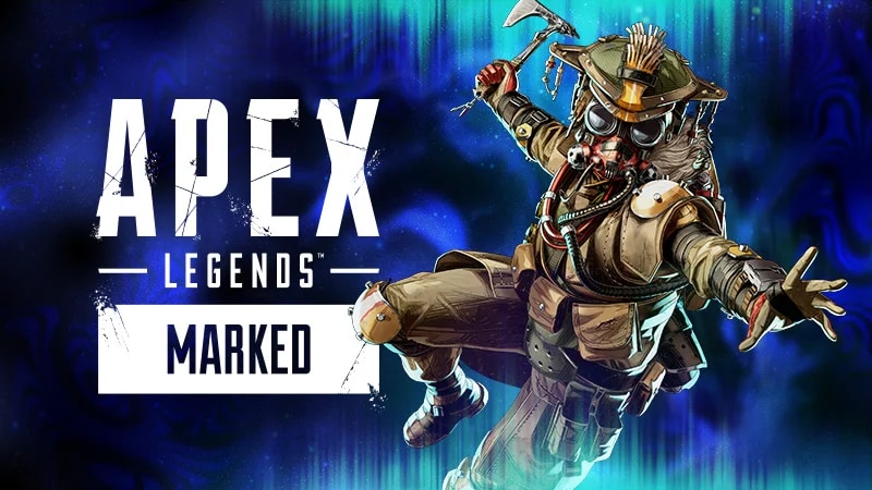 Bloodhound skáče před logo Apex Legends s praporcem Marked na zářivě modrém pozadí.