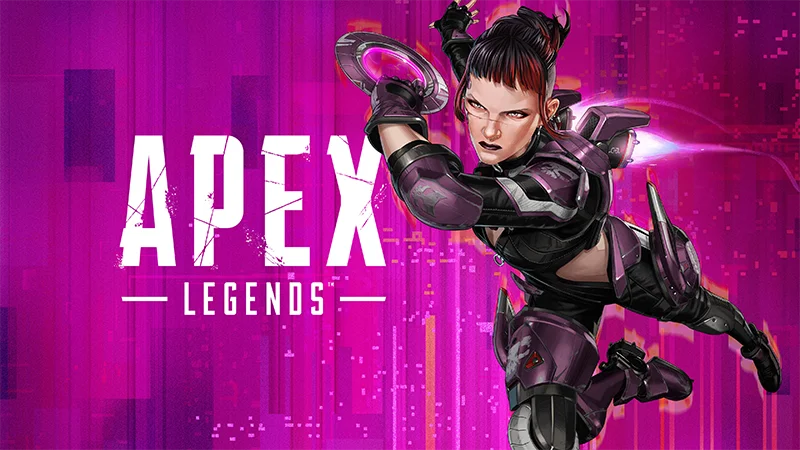 Axle in black armor mid-action, throwing a glowing disc weapon against a bright pink background beside the Apex Legends logo.