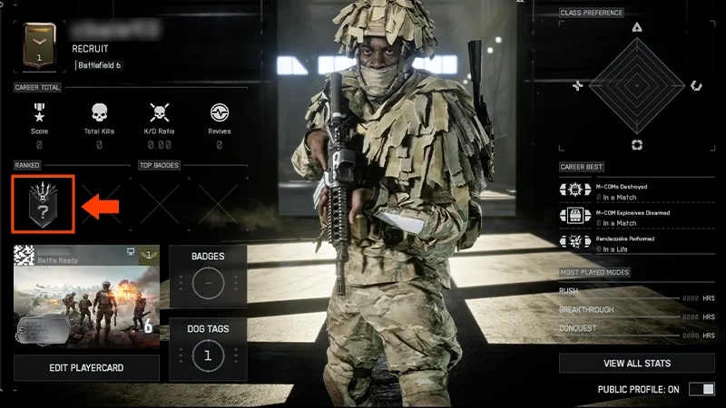 A Ranked badge is highlighted in red and has a red arrow pointing to it under the Ranked heading in the Profile screen.