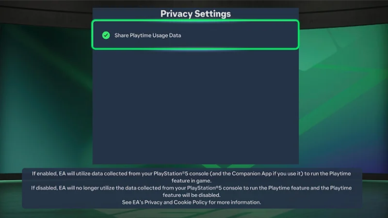 The Share Playtime Usage Data highlighted under Privacy Settings