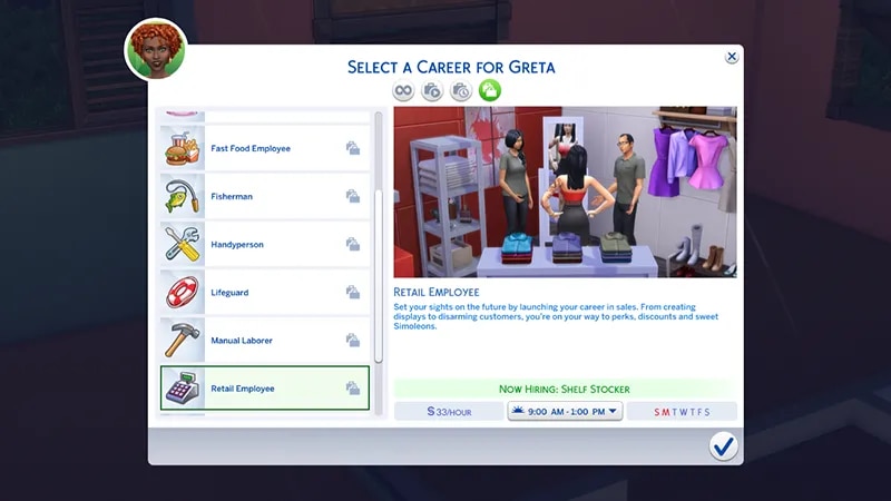 A menu for choosing a career in The Sims 4 highlights the Retail career showing the hourly rate, and working days/times.