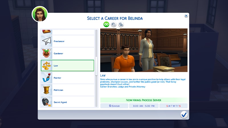 A menu for choosing a career in highlights the Law career showing the hourly rate, and working days/times.