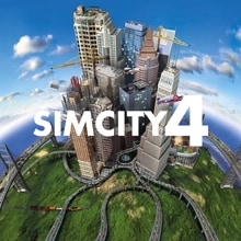 SimCity 4 로고 아래로 작은 도시의 고층 건물과 도로, 다리가 모여 있습니다.