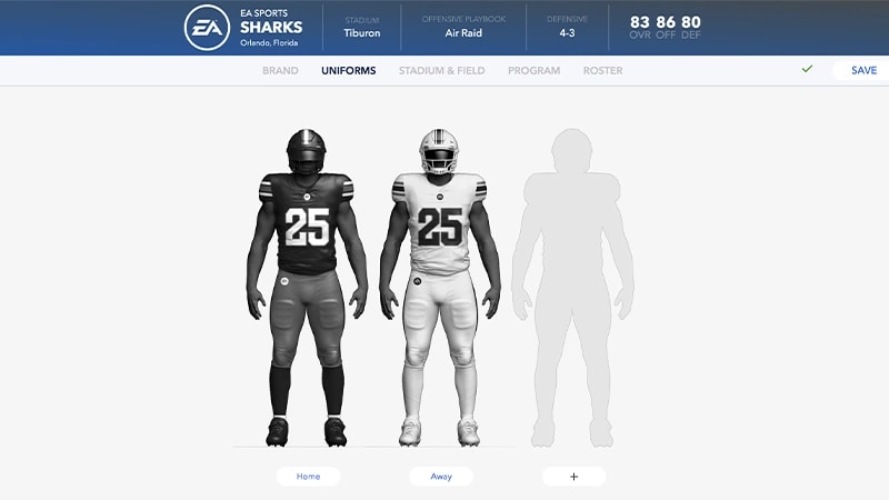 The Uniforms tab in Team Builder showing Home and Away uniforms.