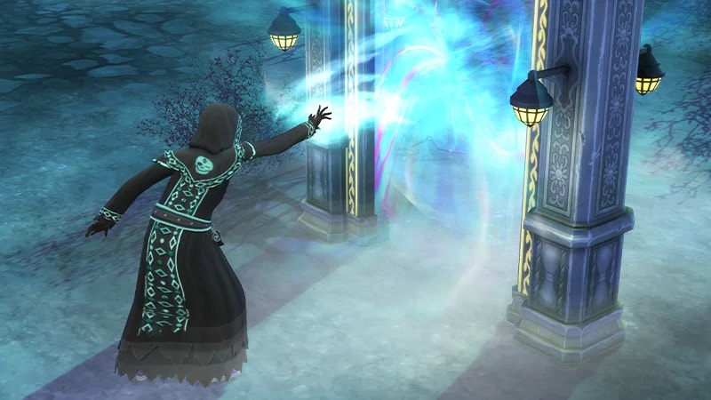 Lights swirl in front of a Sim’s outstretched hand as they release a soul through the archway of the Netherworld Portal.