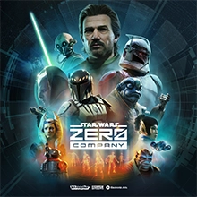 Hawks, Jedi Tel-Rea, and other Star Wars: Zero Company characters pose next to the game logo against a celestial backdrop.