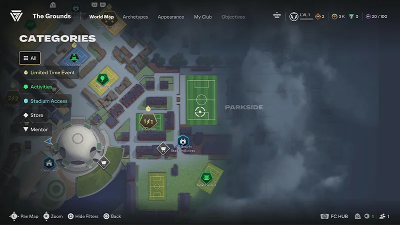 The Grounds World Map showing Parkside, with activities, stadium access, store, mentor, and limited-time event markers.