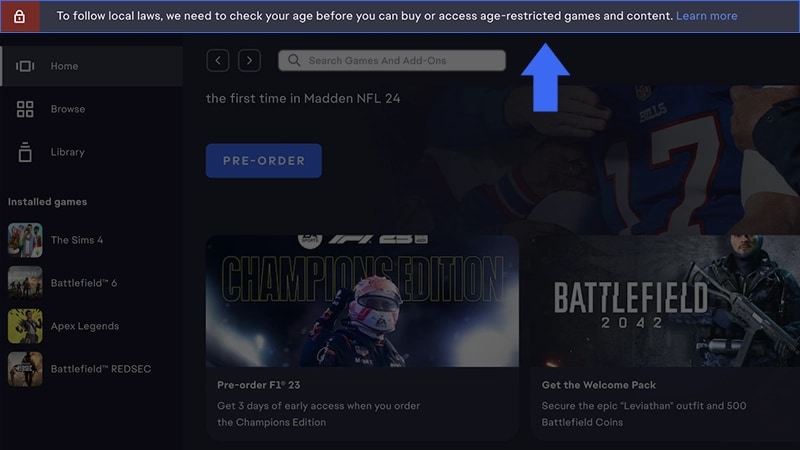 Blue arrow pointing to EA app age assurance banner