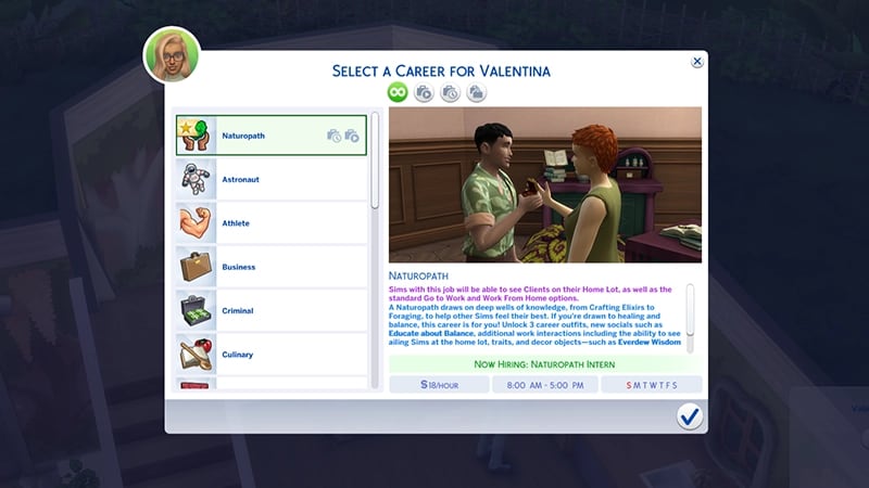 A menu for choosing a career in highlights the Naturpoath career showing the hourly rate, and working days/times.