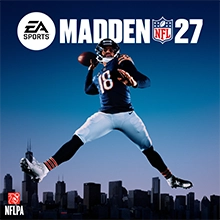 Madden NFL 27 key art featuring a quarterback mid-throw above a city skyline against an evening sky.