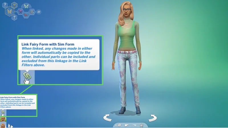 Yeşil çizgi, bağlantılı değişikliklerin diğerine kopyalandığını açıklayan Sim Form düğmesi ile Link Fairy Form'u vurguluyor.