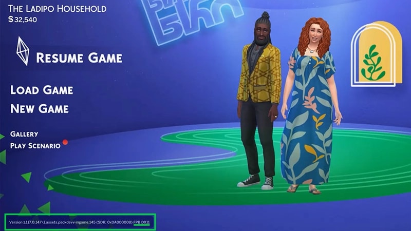 A green box in the bottom left of the Main Menu outlines where to find which Direct X version of The Sims 4 you’re running.