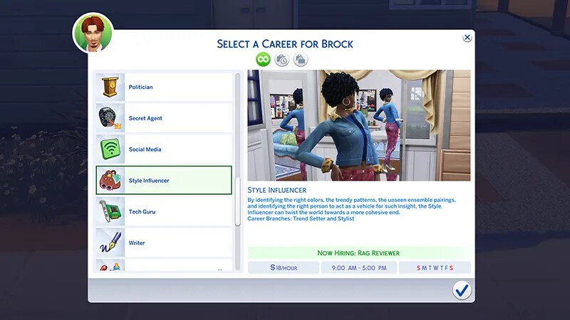 A menu for choosing a career in highlights the Influencer career showing the hourly rate, and working days/times.