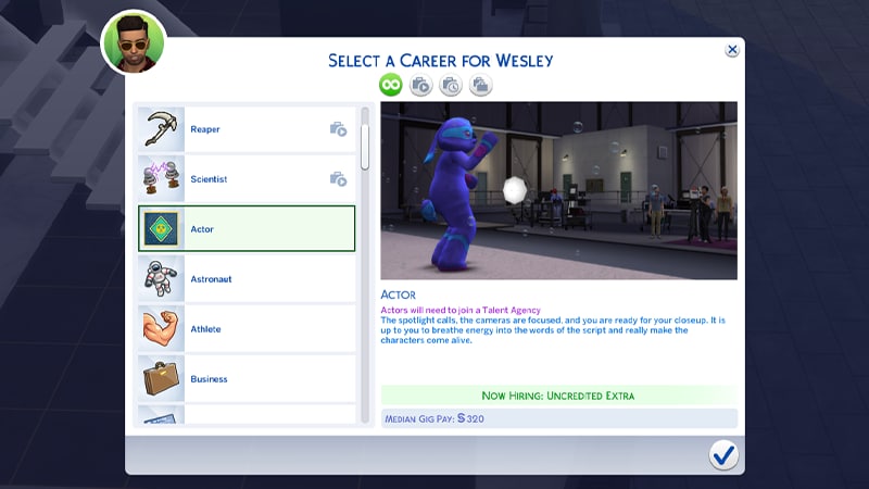 A picker menu for selecting a career in The Sims 4 highlights the Actor career, showing the median gig pay as 320 Simoleons.