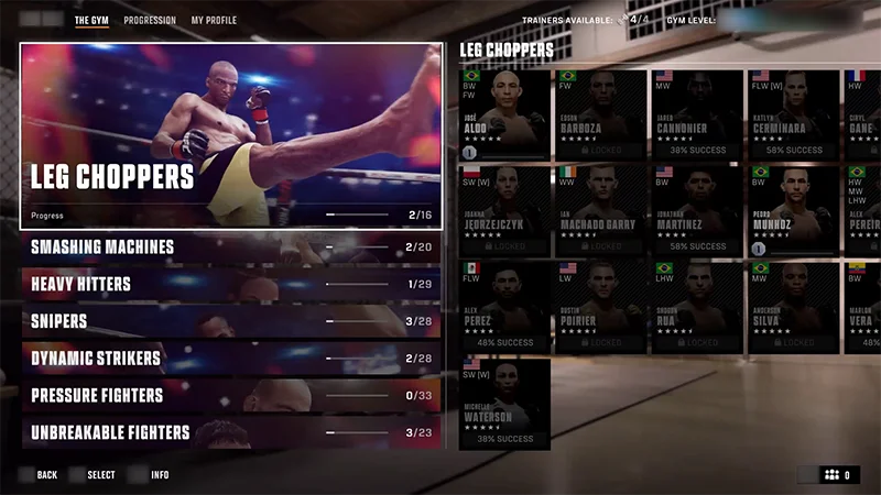 The Gym menu displays the progress completed towards moves like Leg Choppers.