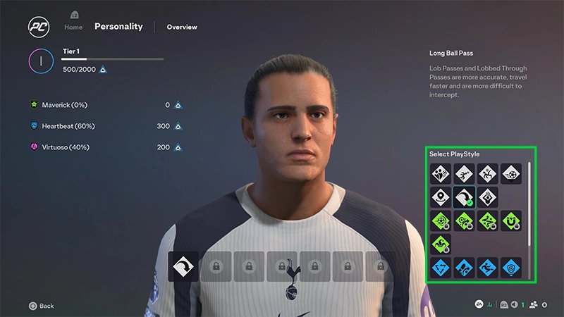 EA SPORTS FC Clubs personality screen showing selectable PlayStyles and Long Ball Pass details.