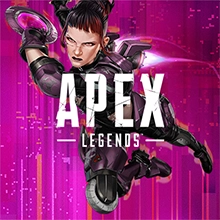 Axle en armure noire, en pleine action, lance une arme-disque lumineuse sur un fond rose vif, à côté du logo Apex Legends.